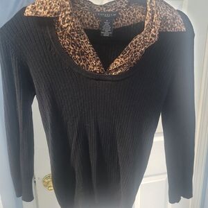 Rafaella Black Sweater with Leopard Print Trim